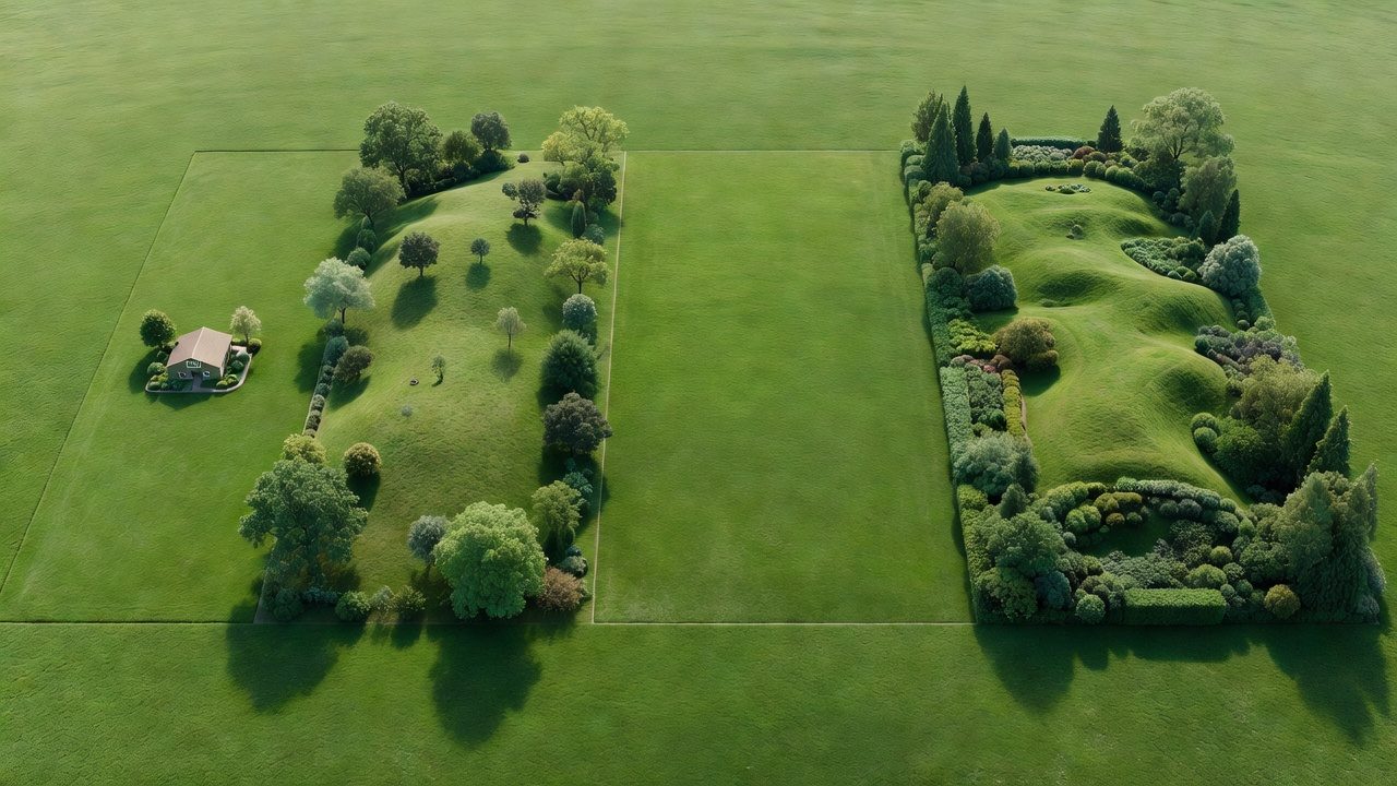 Aerial isometric view comparing four different residential yard sizes and terrain types
