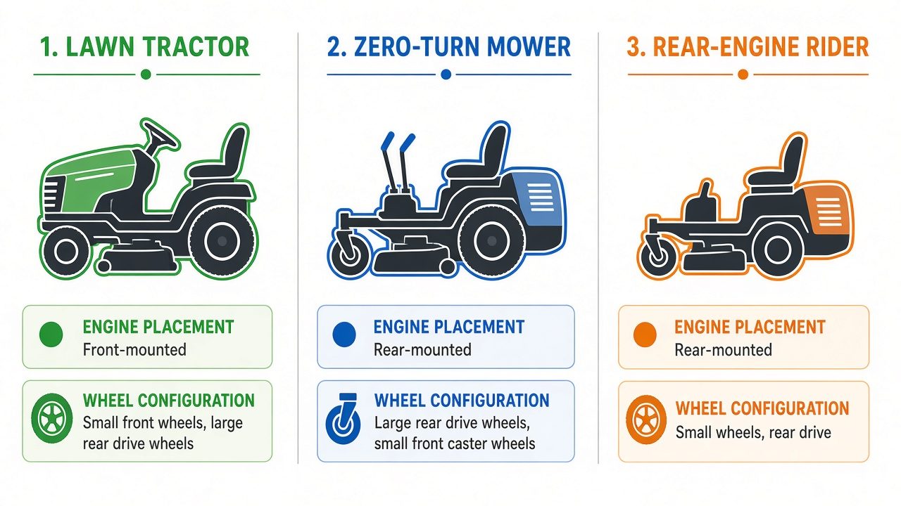 Comparison of three riding mower types showing design differences