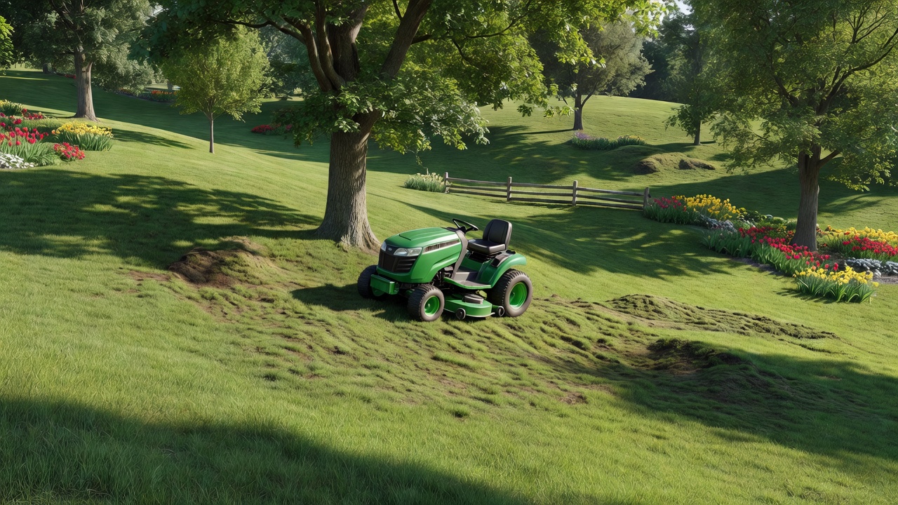 What Is the Best Riding Lawn Tractor? (Key Factors & Buyer Guide) A riding lawn tractor turning around a tree on a sloped suburban lawn.