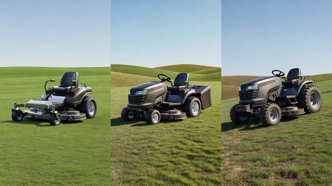 Understanding Riding Mower Types: Which One Fits Your Needs? Three types of riding mowers displayed for comparison