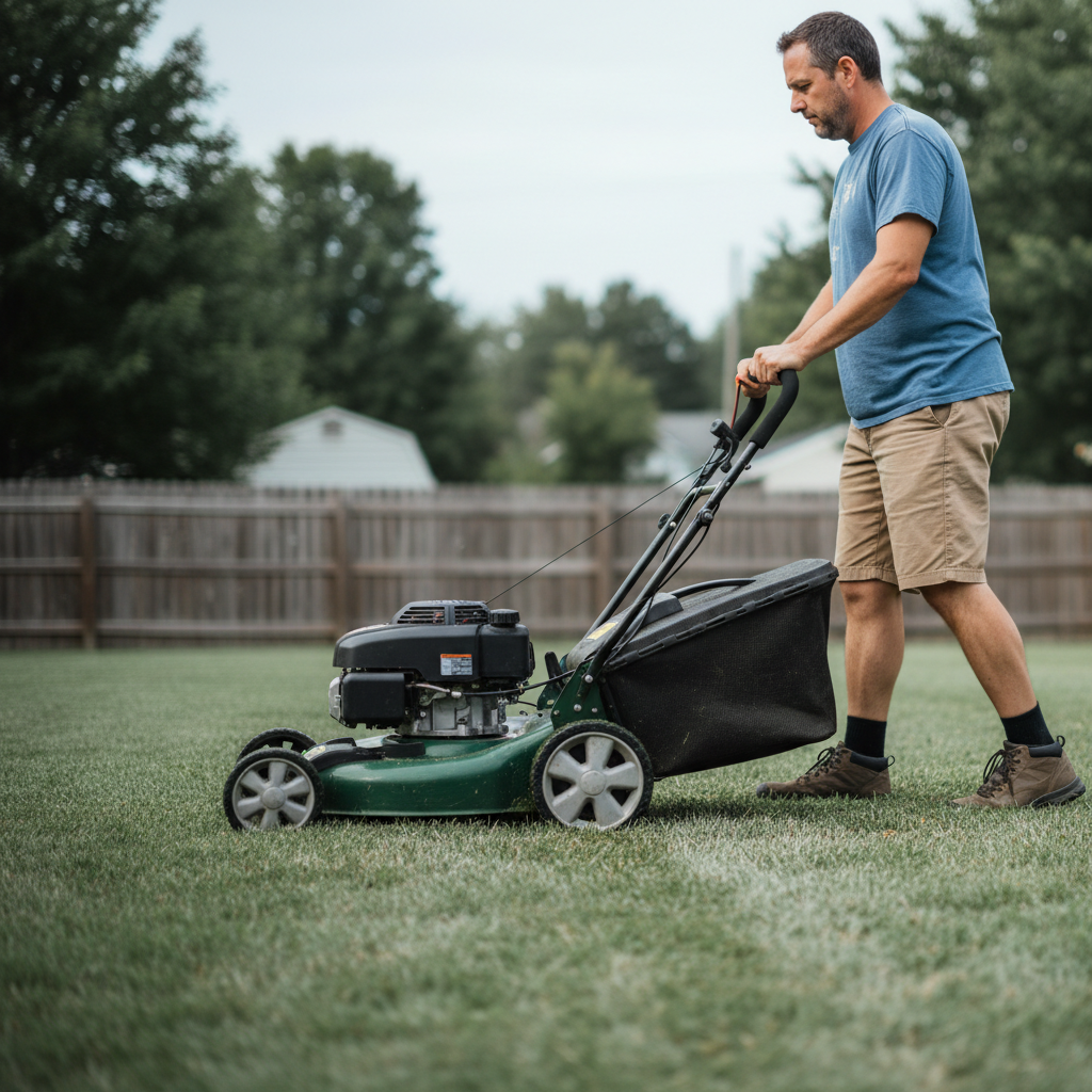 Adult walking behind a self-propelled gas mower as the drive wheels roll over uneven turf.