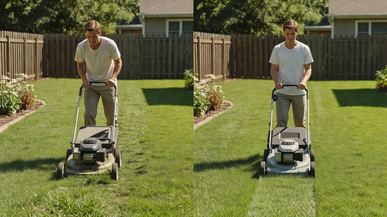 Understanding Self-Propelled Mowers: How They Differ From Push Models Side-by-side comparison of push mower versus self-propelled mower operation showing physical effort difference