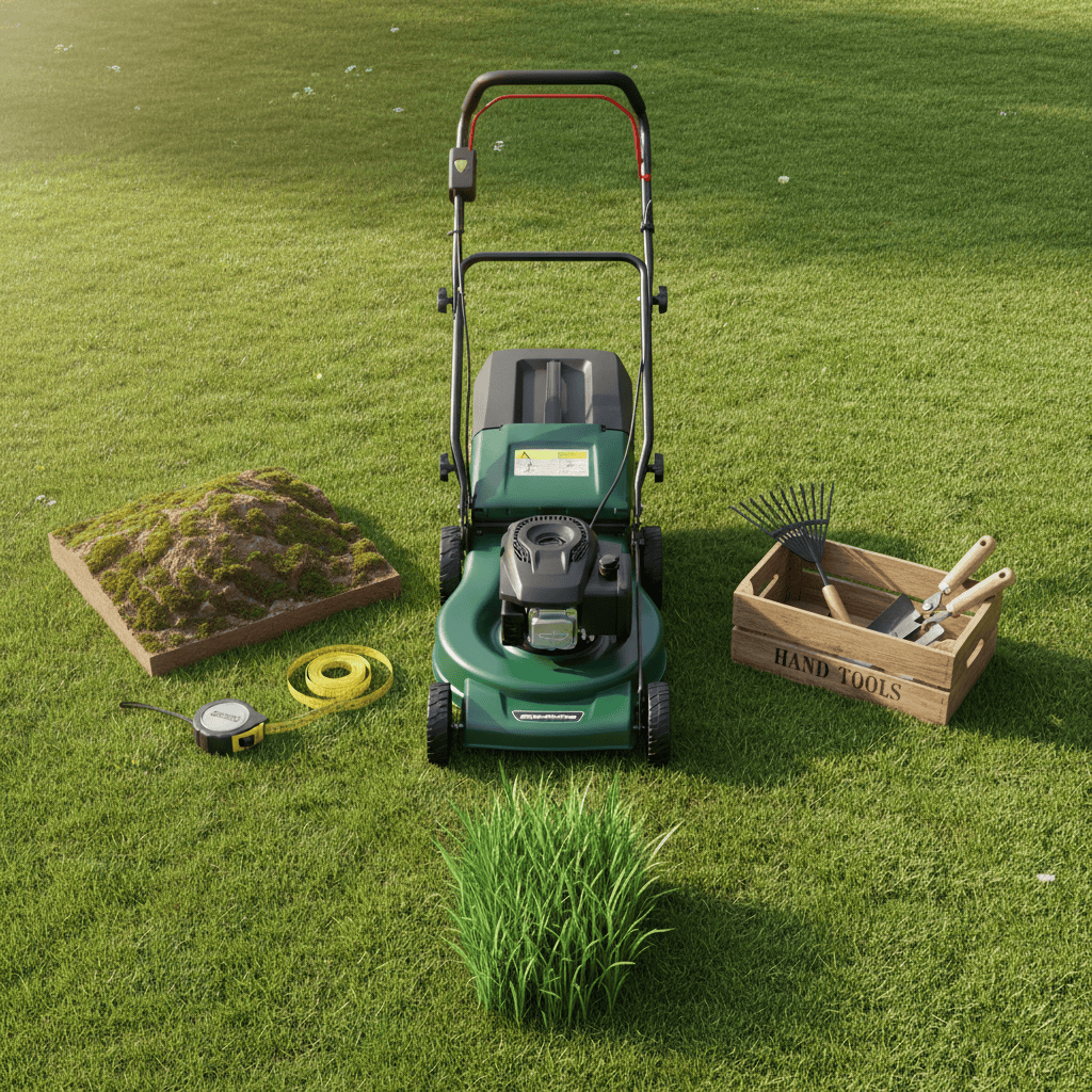 Self-propelled push mower in a sunlit backyard with measuring tape and tools