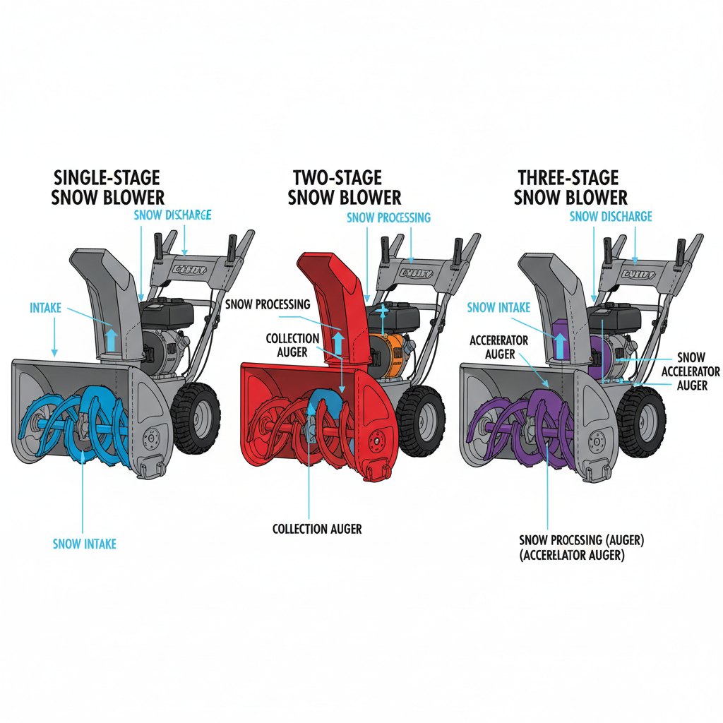 Understanding Snow Blower Types: Single-Stage, Two-Stage, and Three-Stage Cutaway technical diagram of single-stage, two-stage, and three-stage snow blower auger systems