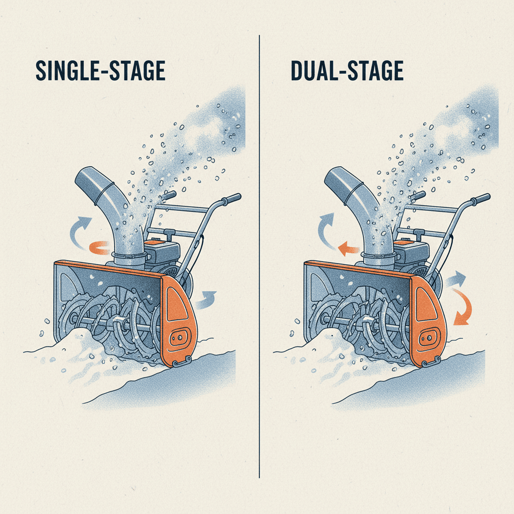 Mechanical comparison of single-stage auger versus two-stage auger-and-impeller snow thrower designs