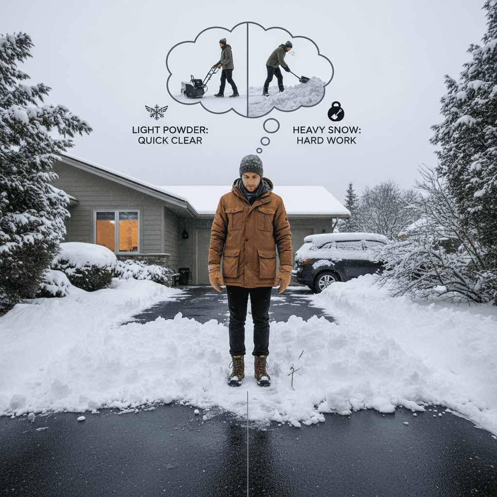 A homeowner assessing snow conditions to determine the best snowblower for their needs.