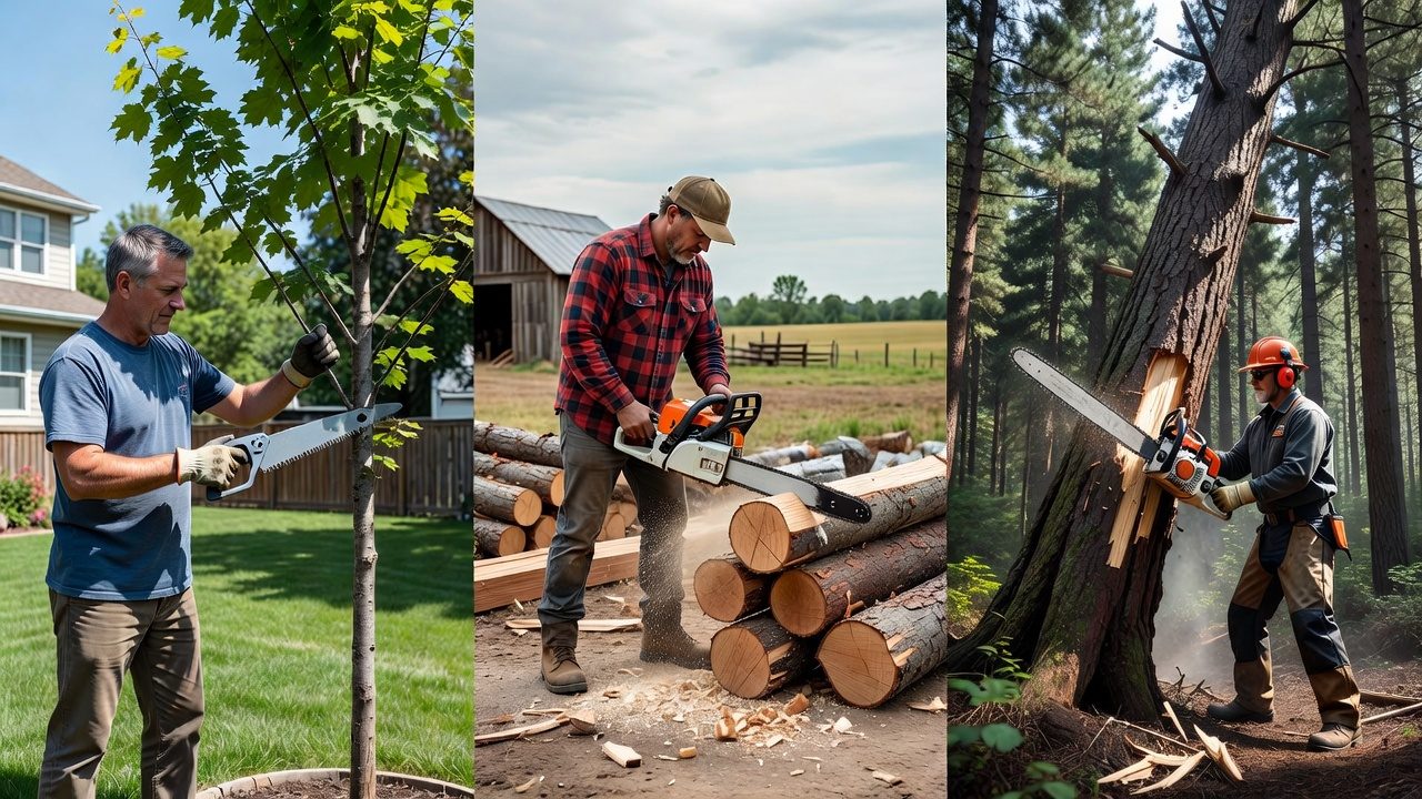 Three scenes showing chainsaw use: pruning small branches, cutting firewood logs, and felling a large tree, representing different intensity levels of work.