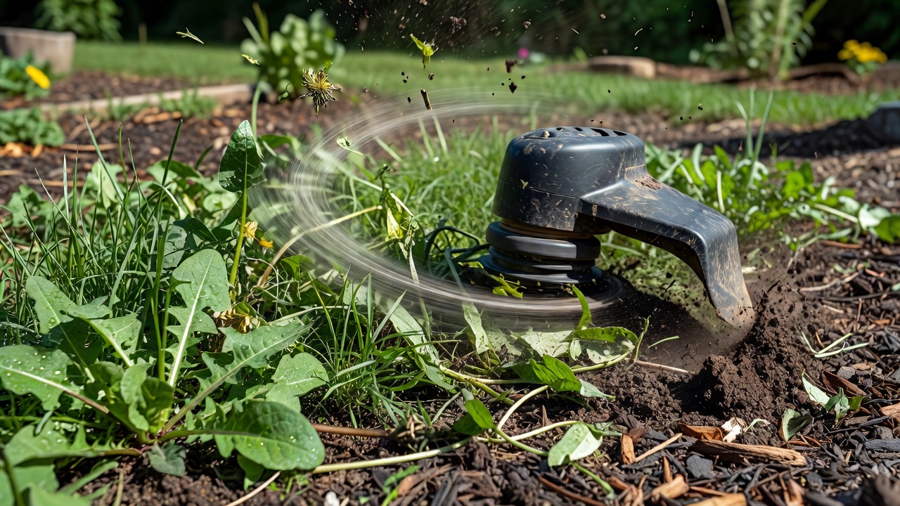 What Is the Best String Trimmer? (Key Factors & Buyer Guide) Close-up of a string trimmer head cutting weeds along a garden bed border