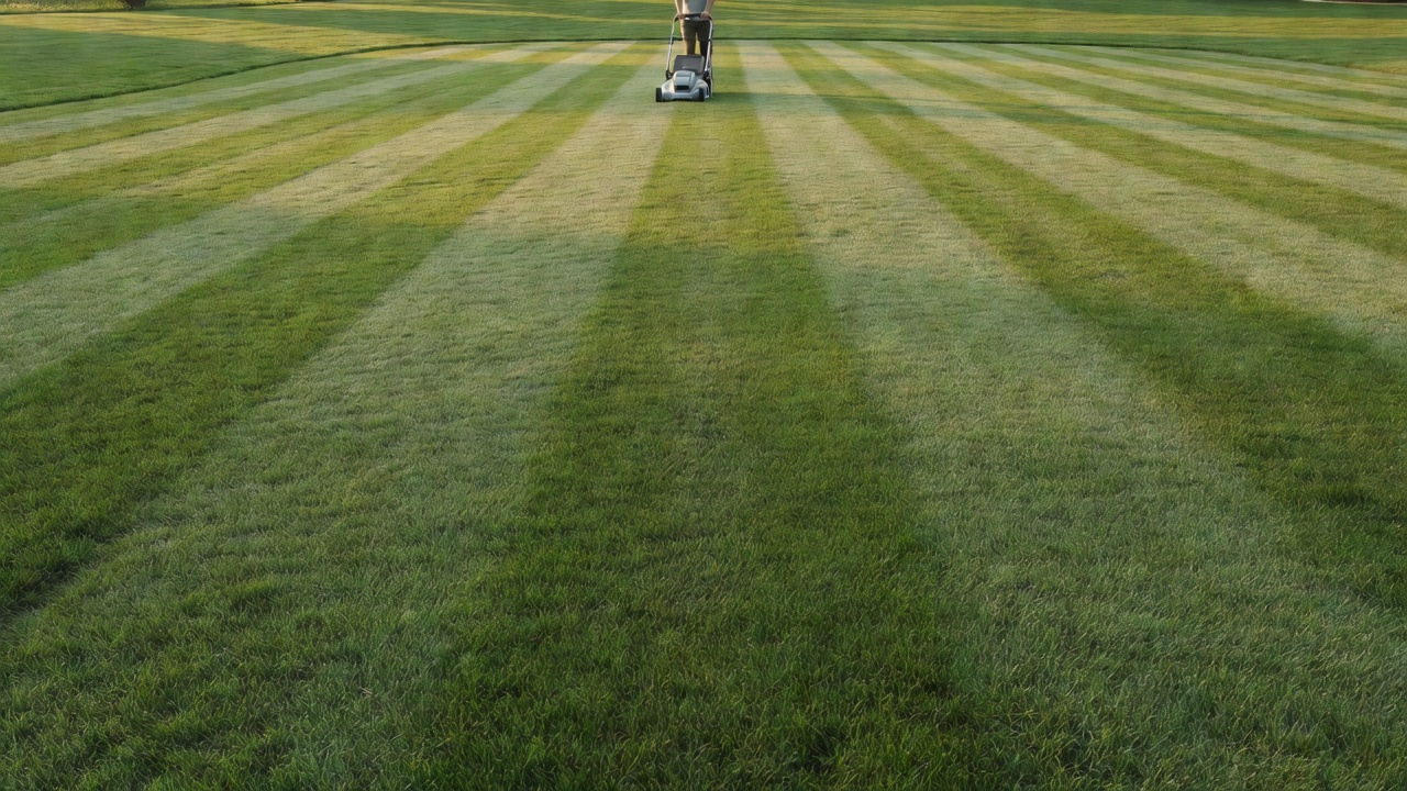 Person mowing a lawn at the optimal time with dry grass.