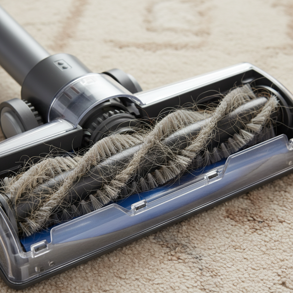 What Makes a Vacuum Good for Pet Hair? Key Features Explained A detailed close-up of a vacuum cleaner's tangle-free brush roll with pet hair, illustrating its design for preventing tangles.