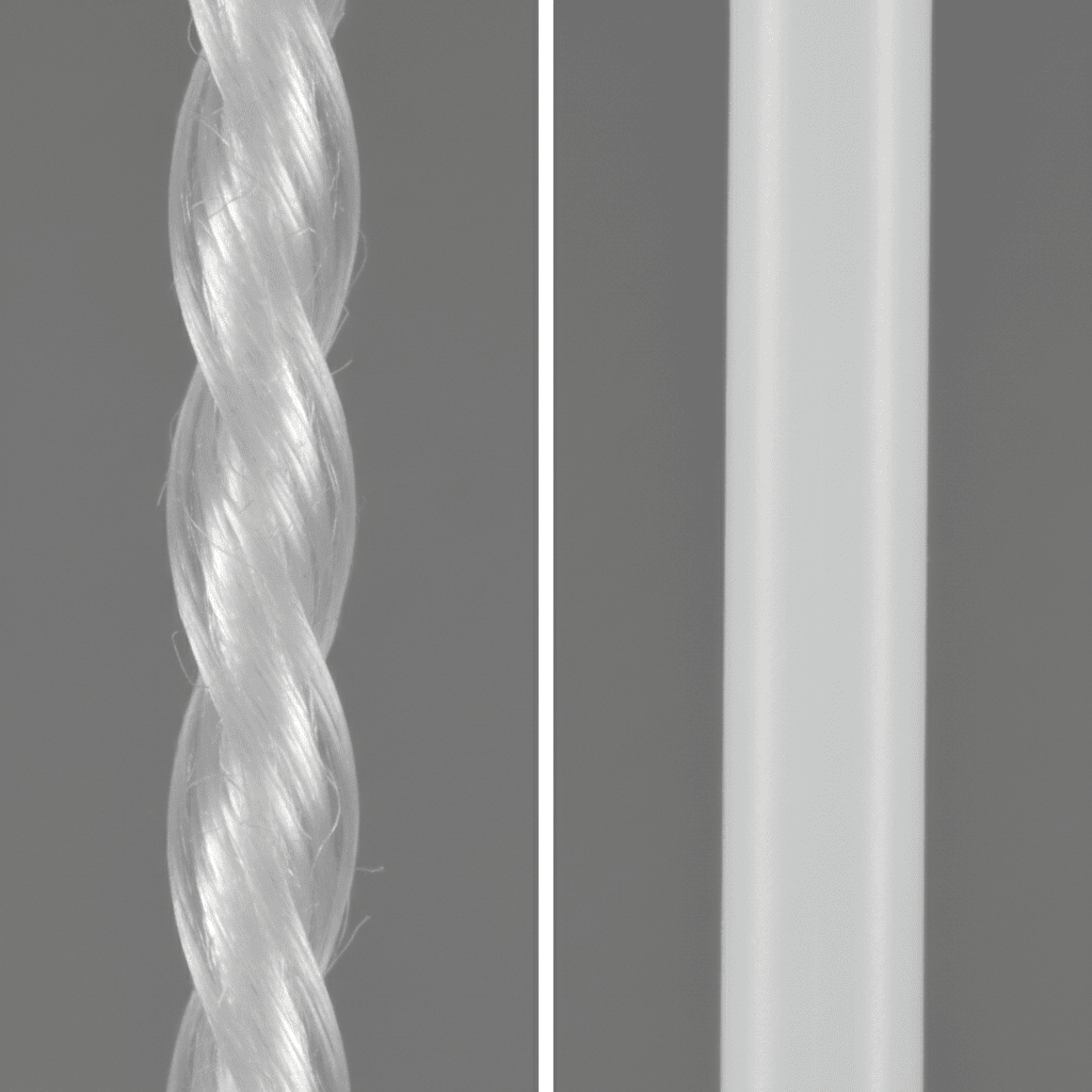Side-by-side macro comparison of twisted nylon string with visible spiral pattern versus smooth round nylon string