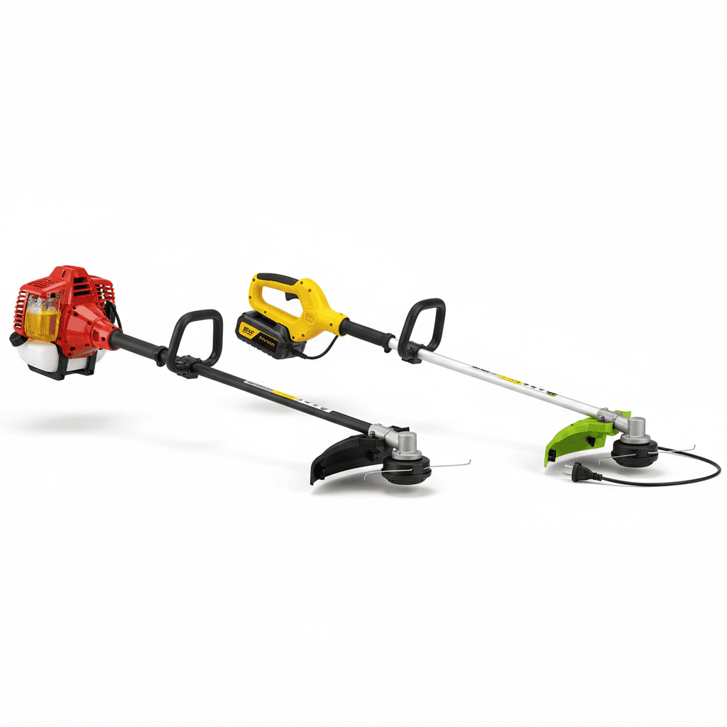 Gas-powered, battery-powered, and electric corded weed eaters displayed side by side