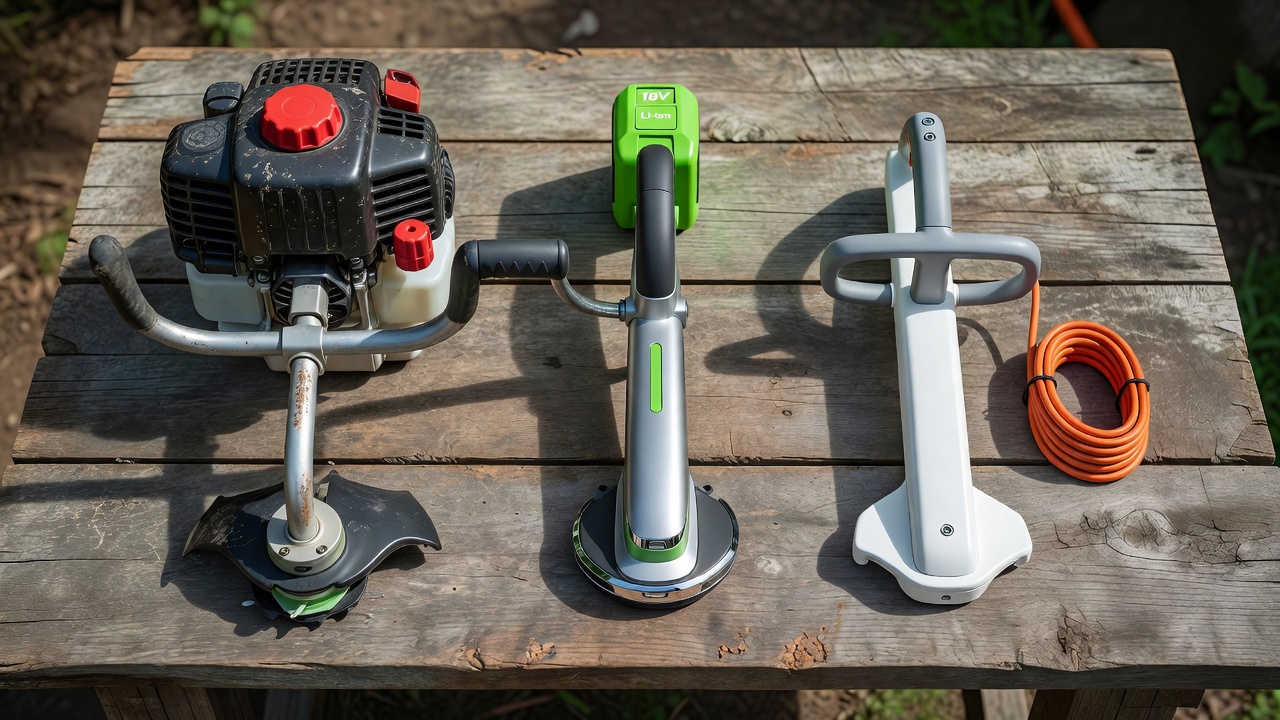 What Is the Best Weed Trimmer? (How to Choose the Right One for Your Yard) Gas, battery, and corded electric weed trimmers displayed side by side for comparison