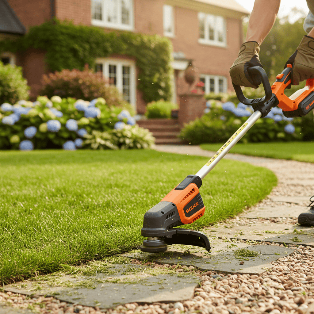Close-up of hands using a battery-powered string trimmer along the edge of a lawn