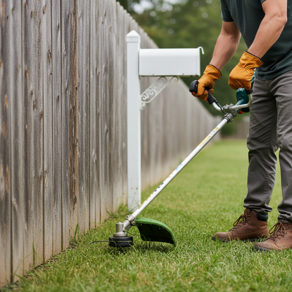 String trimmer finishing grass along a fence and mailbox post
