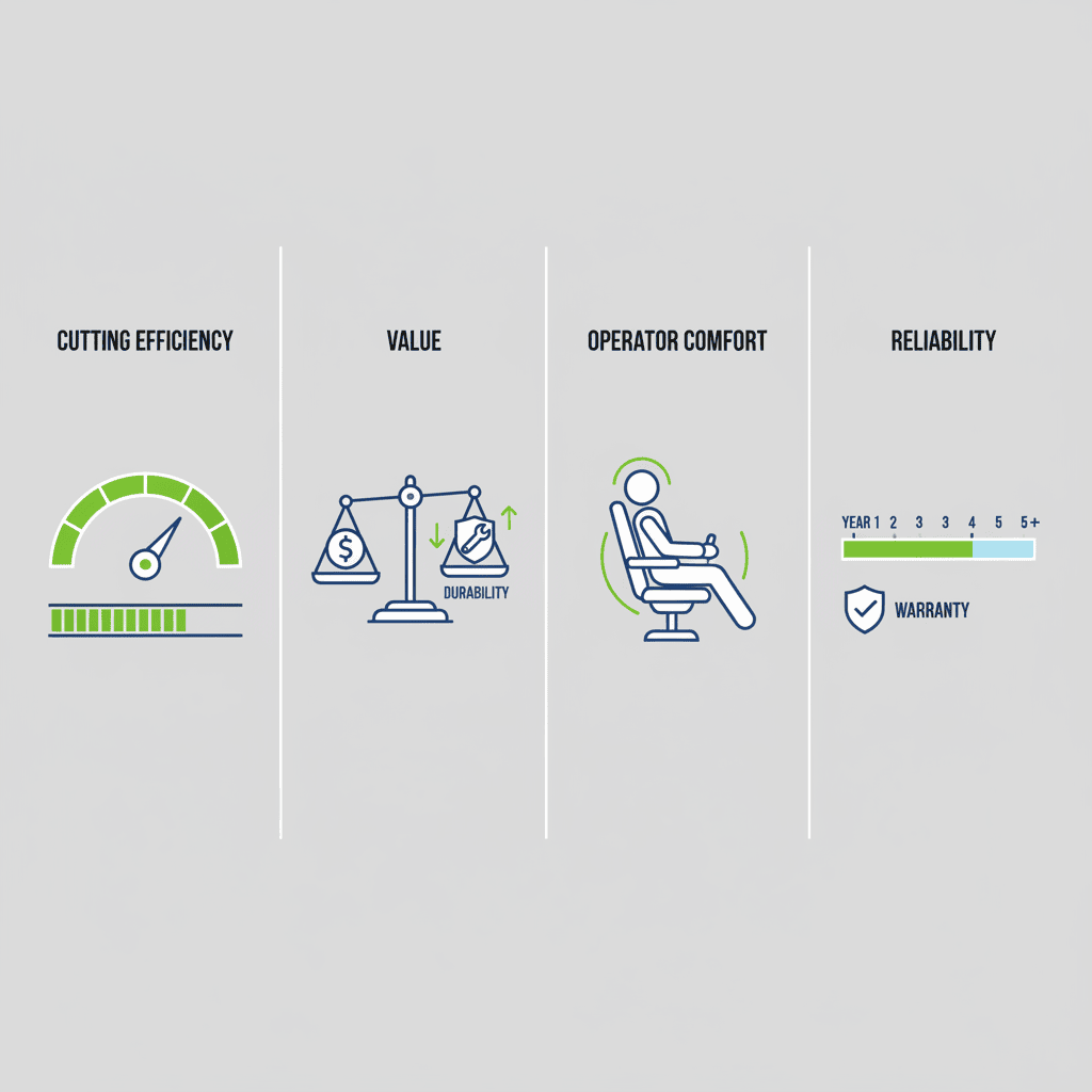 What Makes a Zero Turn Mower “Best”? Visual comparison of four key factors: performance efficiency, investment value, operator comfort, and long-term reliability
