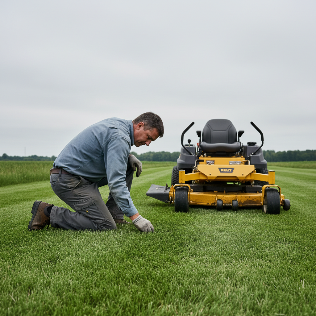 A person kneeling to inspect freshly cut grass with a parked riding mower behind them.