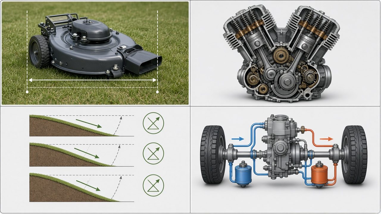 Visual breakdown of zero-turn mower key specifications: deck width, engine, transmission, and terrain capability