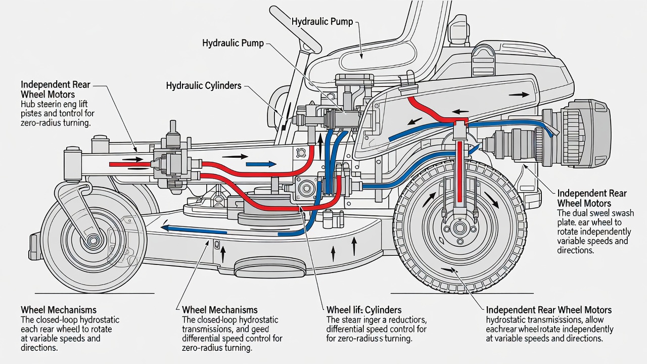 Cross-section diagram of zero-turn mower hydraulic system showing independent wheel control