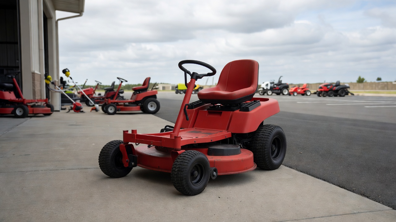 What Is the Cheapest Riding Lawn Mower? (Price Breakdown & Buying Guide) A compact red riding mower parked outside a home improvement store.