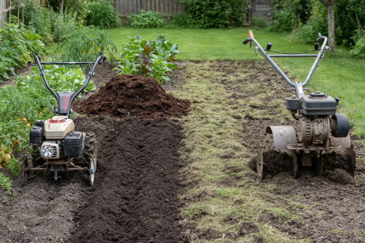 Small cultivator in a planted row beside a tiller on unbroken ground