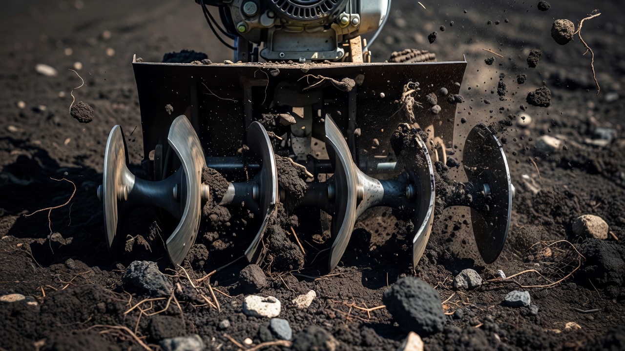 Rear-tine tiller bolo tines penetrating deep into compacted clay soil, breaking up large clods and root systems