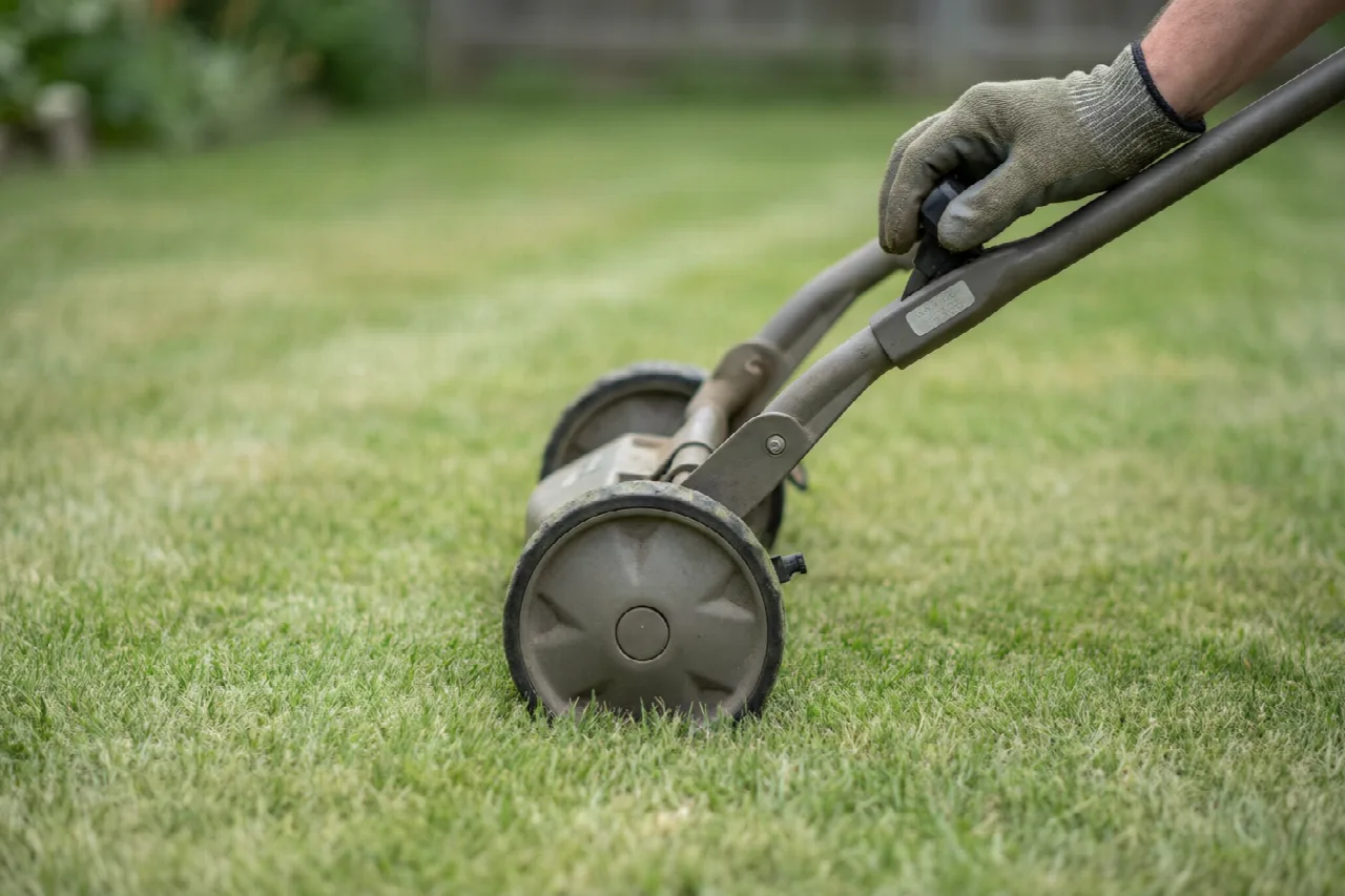 What Is the Difference Between a Push Mower and a Self-Propelled Mower? A gloved hand holding a walk-behind mower handle while the wheels rest on grass.