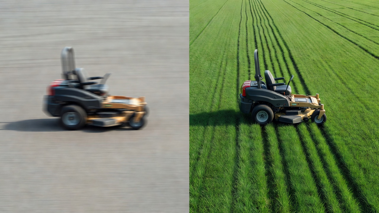 What Is the Fastest Zero Turn Mower? (Top Speeds, Models & What to Know Before You Buy) Side-by-side comparison of a zero turn mower at top ground speed versus slower effective cutting speed through thick grass