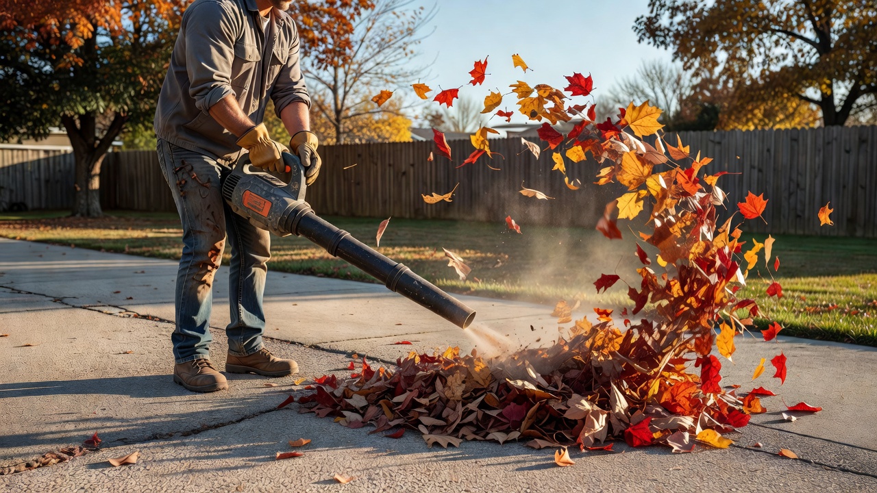 Person using a leaf blower to sweep a large pile of autumn leaves across a driveway.
