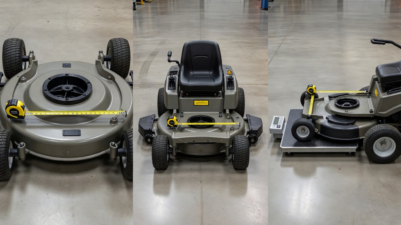 Three different ways to measure a riding mower: deck width, overall footprint, and weight