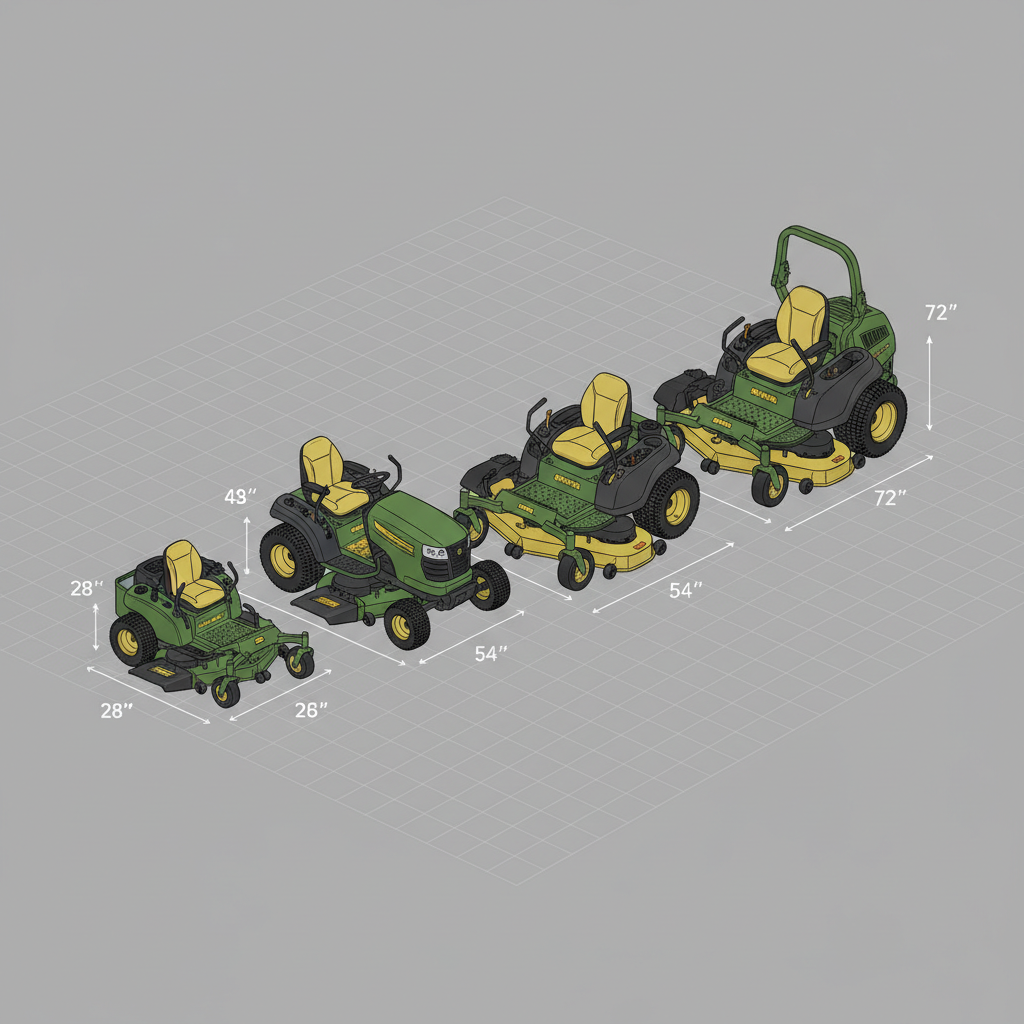 What Is the Smallest Riding Mower? (Dimensions, Weight & Options Explained) Four riding mowers in size progression showing deck width and footprint comparison
