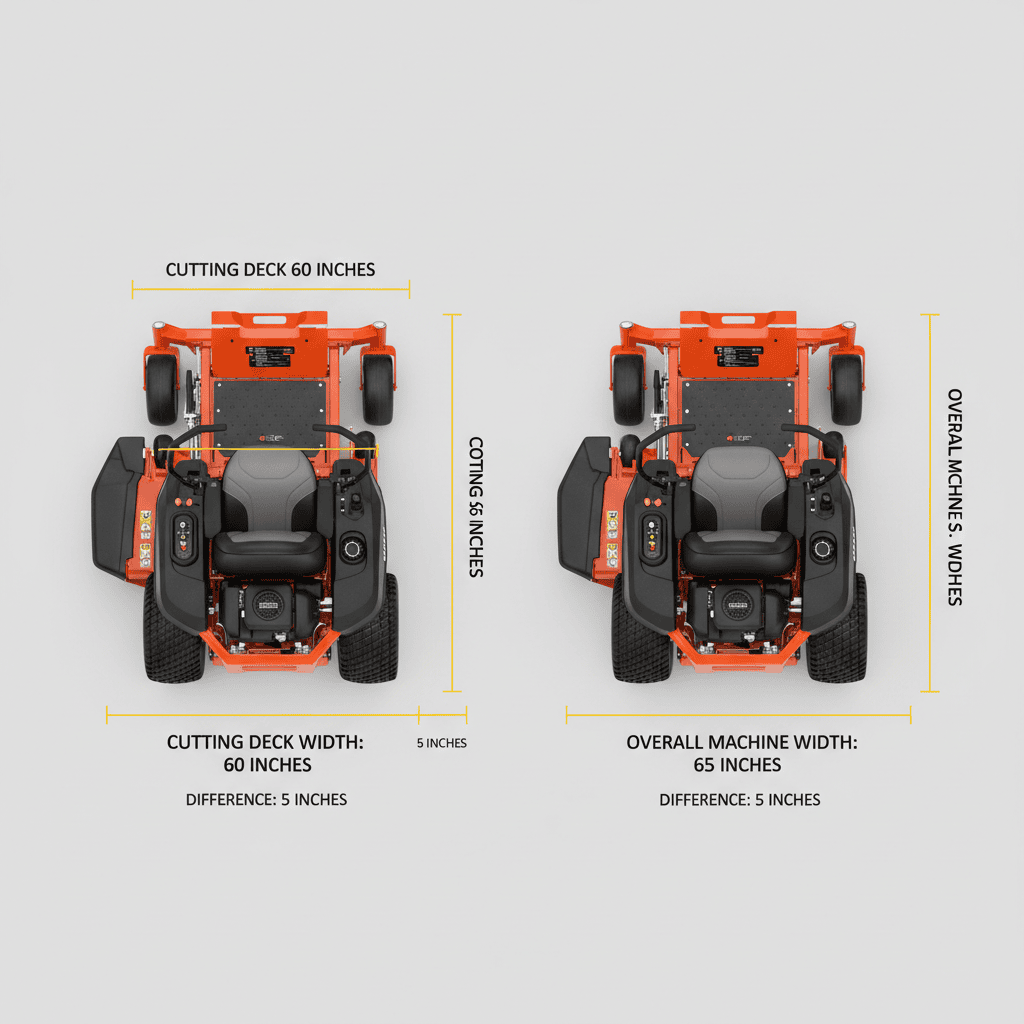 A visual comparison illustrating the difference between a zero-turn mower's cutting deck width and its overall machine width.