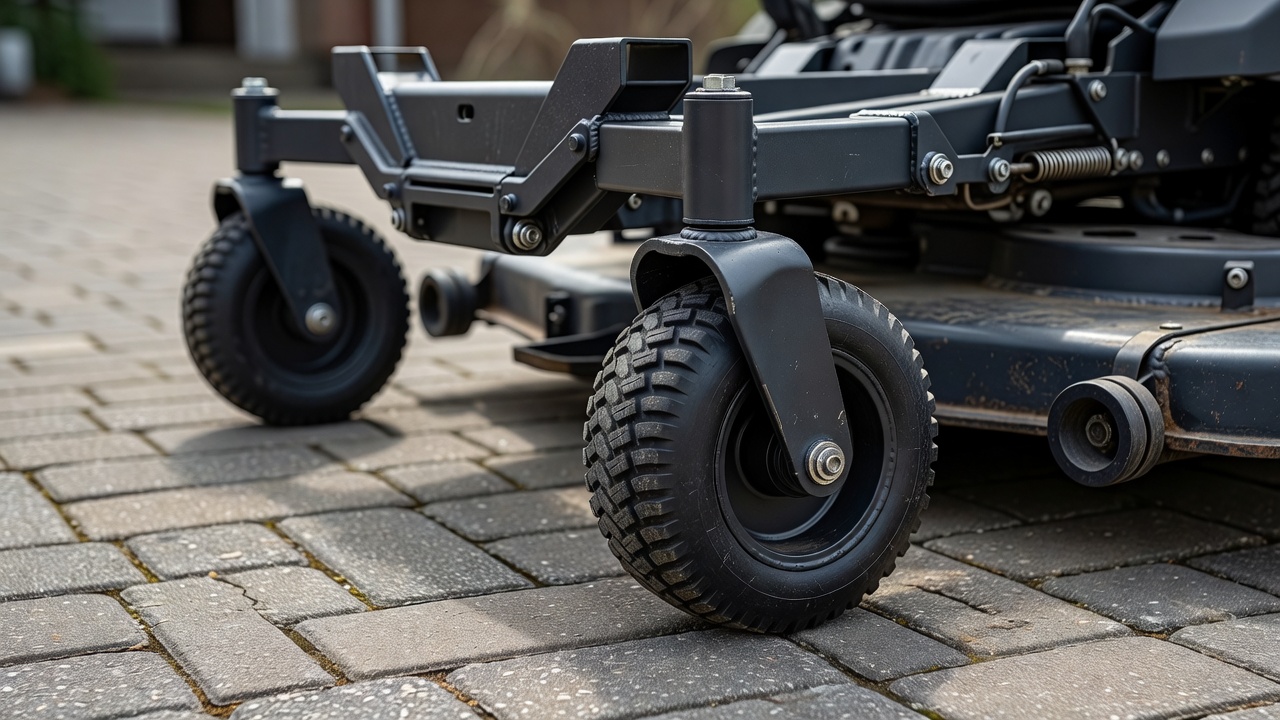 Close-up of the independent caster wheel system on a zero-turn mower.
