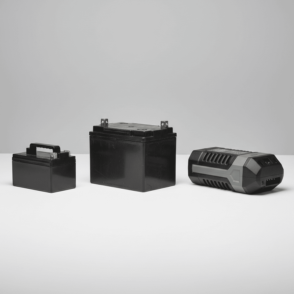 Three lawn mower battery types arranged side by side: compact, riding mower, and lithium-ion pack