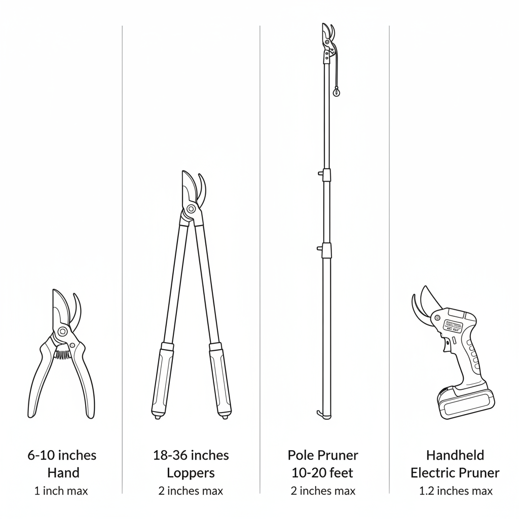 Main Types of Tree Pruners Four tree pruner types illustrated in scale showing relative sizes and specifications
