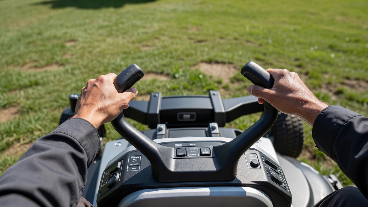 Close-up of the control levers and operator station of a zero-turn mower.