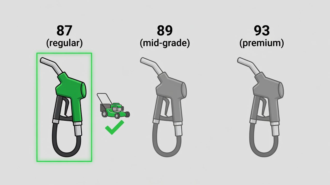 Unleaded Gasoline: The Standard Fuel for Lawn Mowers Gas pump nozzles showing octane ratings with lawn mower engine next to regular 87 octane fuel