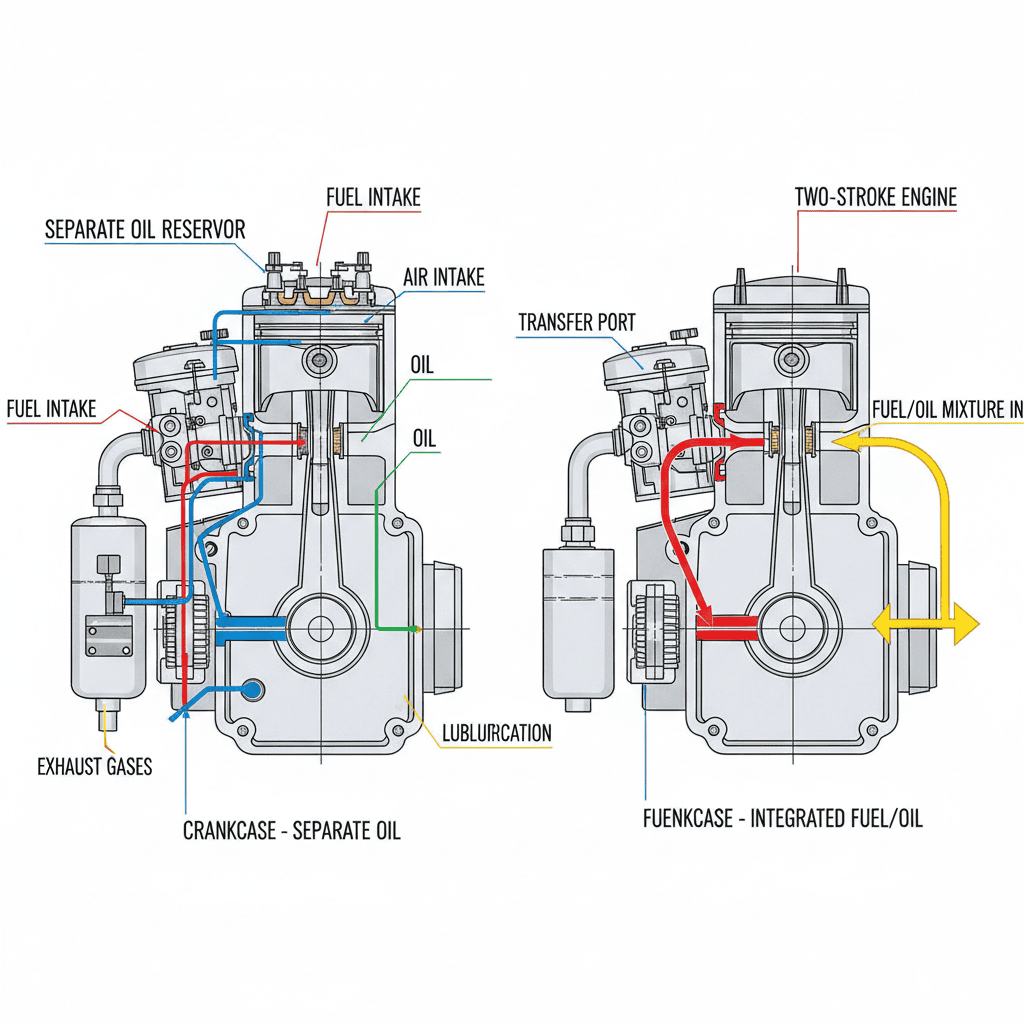 Comparison diagram of four-stroke and two-stroke engine fuel systems