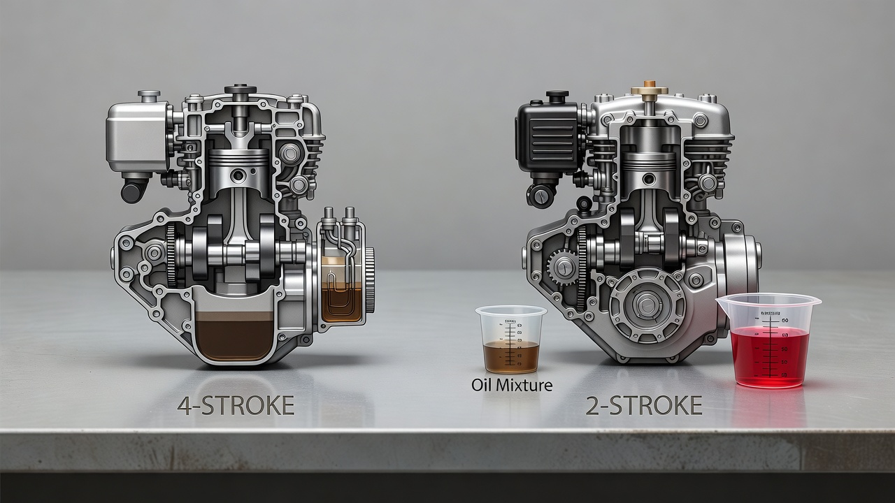 Side-by-side comparison of 4-stroke and 2-stroke small engine models on a workshop bench with oil containers