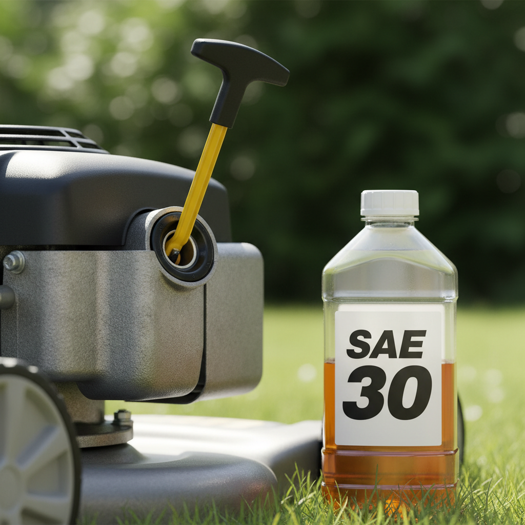 Direct Answer: What Oil Does a Lawn Mower Take? Close-up of a lawn mower engine oil fill port and a bottle of SAE 30 oil.