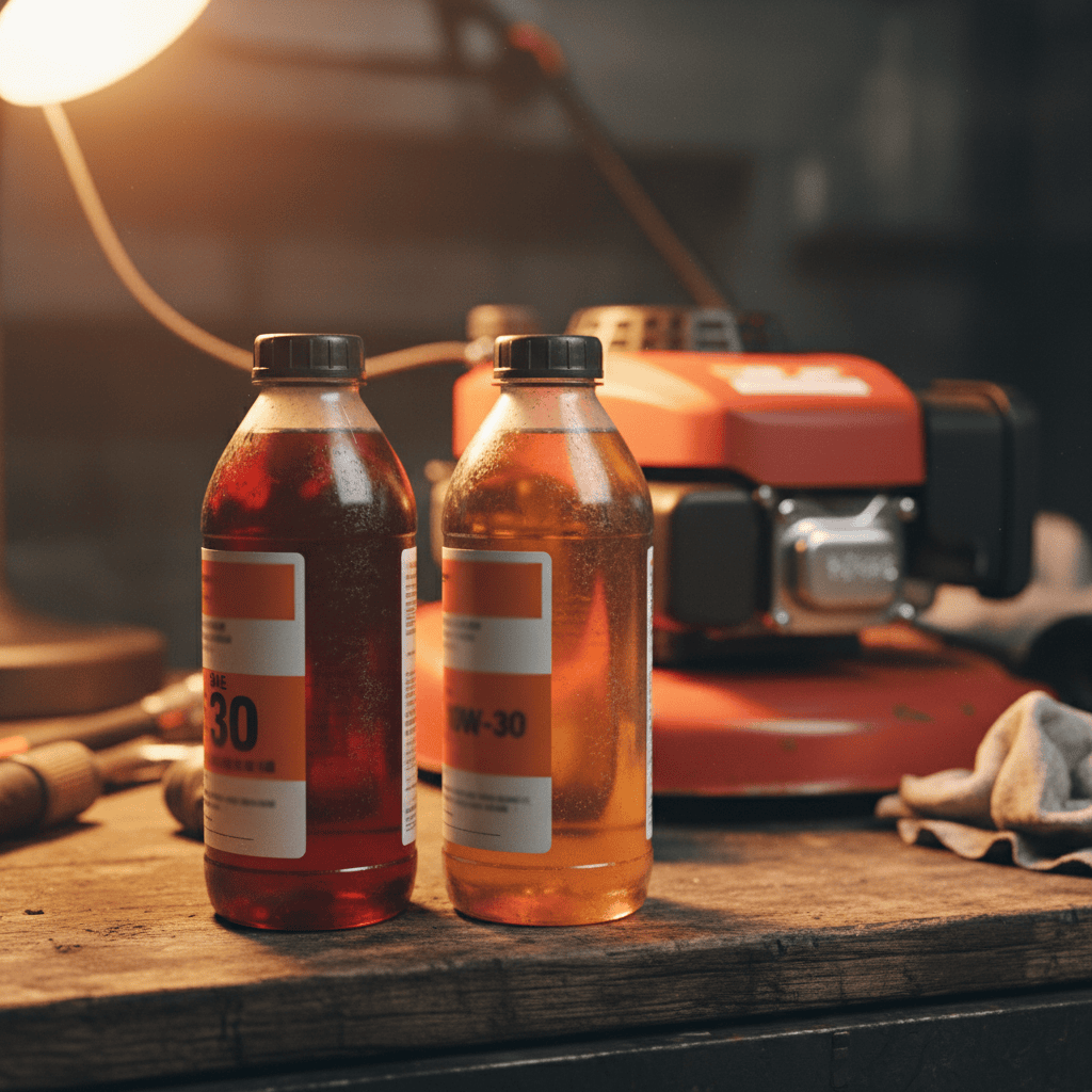 Two unlabeled bottles of motor oil on a workbench with a lawn mower engine blurred in the background