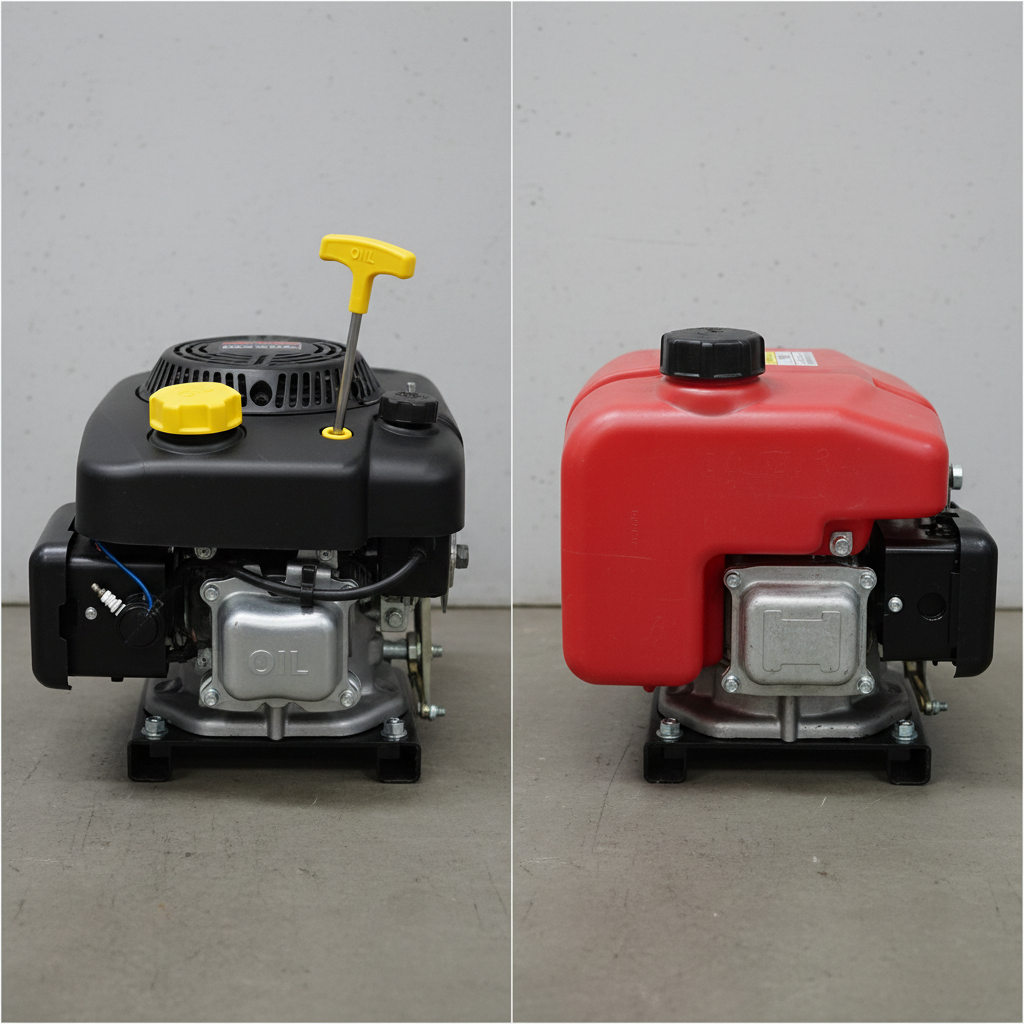 Visual comparison between a four-stroke lawn mower engine with a separate oil fill and a two-stroke engine without one.