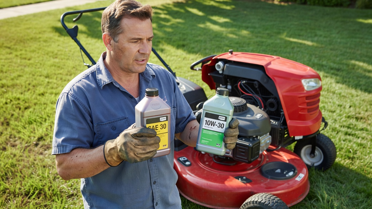 Two motor oil bottles (SAE 30 and 10W-30) held by a person next to a Toro riding lawn mower, illustrating oil options.