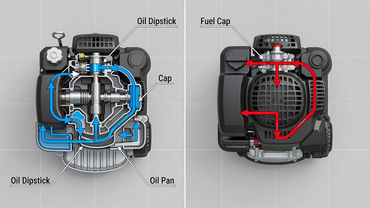 Four-Stroke vs. Two-Stroke Engines: Know Your Mower Diagram comparing four-stroke and two-stroke lawn mower engines