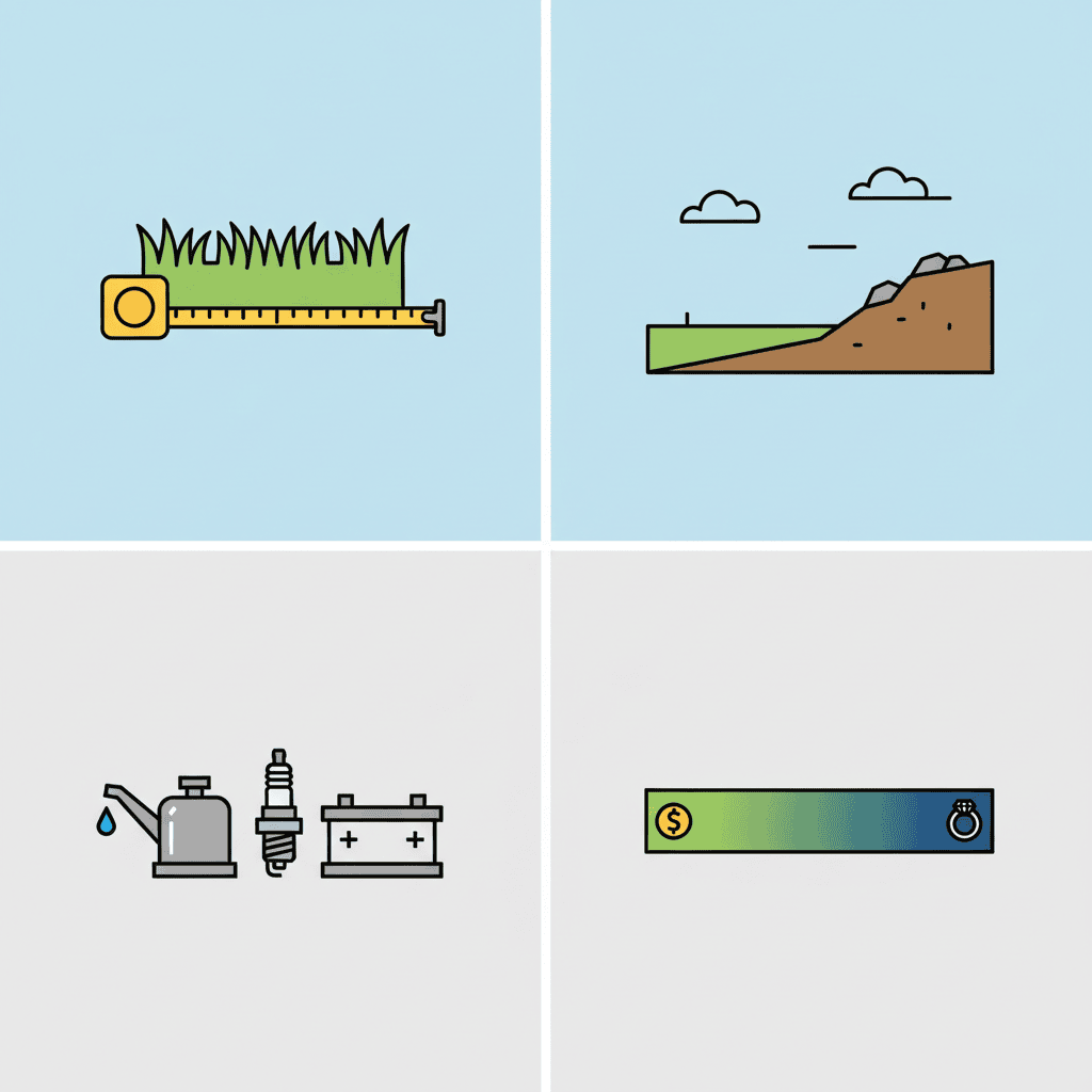Four quadrant visual guide showing yard size measurement, terrain types, maintenance requirements, and budget considerations