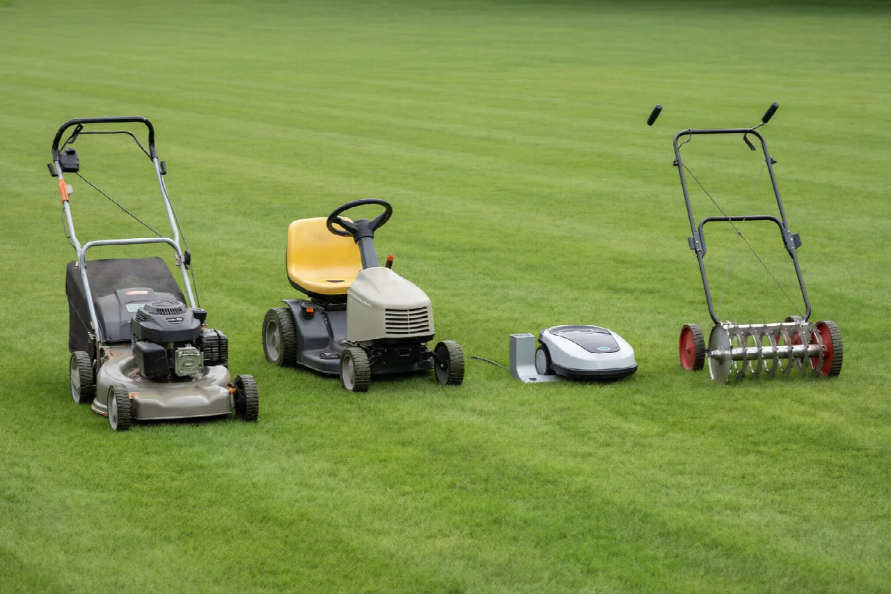What Lawn Mower Do You Need? Types and How to Choose Walk-behind, riding, robotic, and reel mowers standing on an even lawn