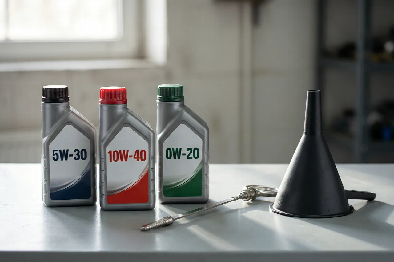 Three motor oil bottles of different viscosities with a dipstick and funnel on a workbench