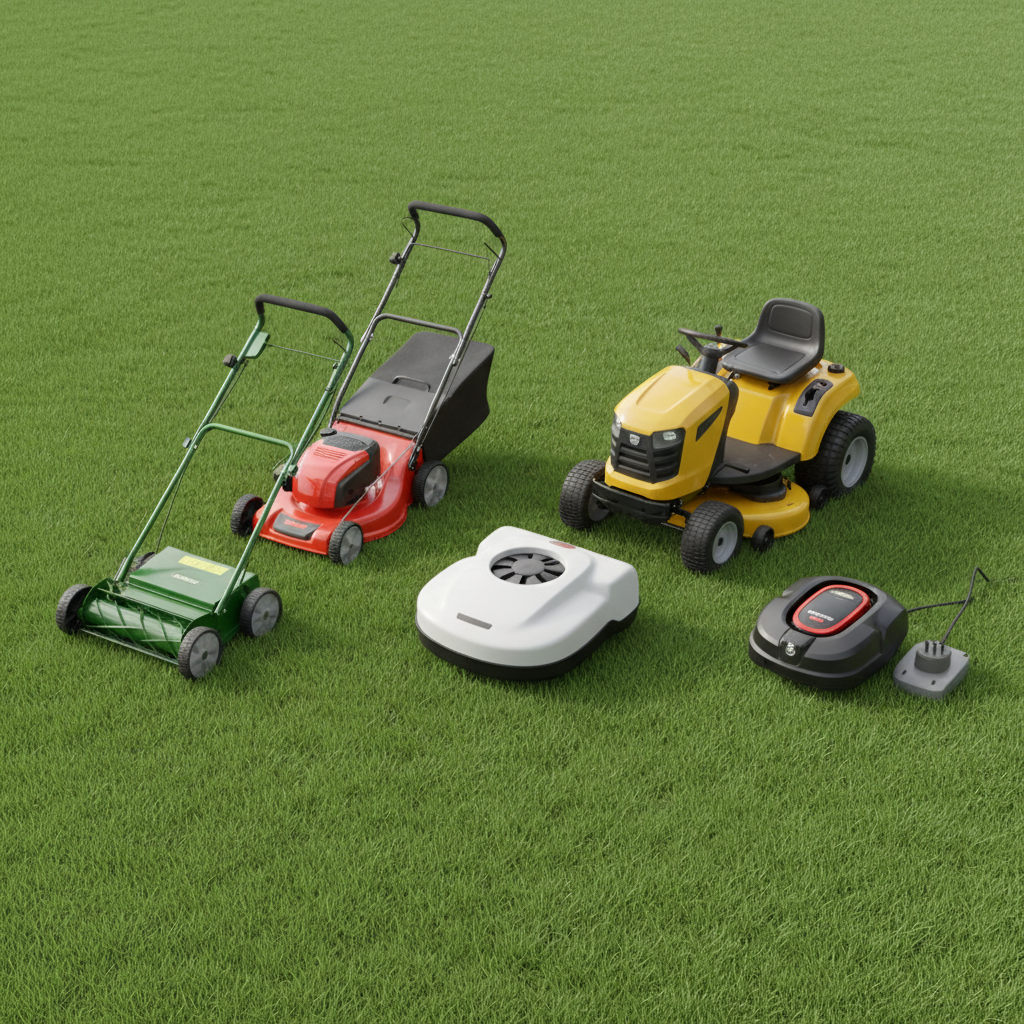 Five different home lawn mower types parked side by side on short grass
