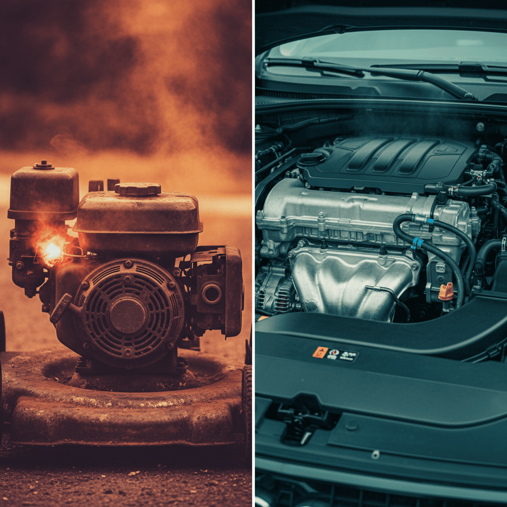 Comparison of small lawn mower engine versus car engine size and intensity