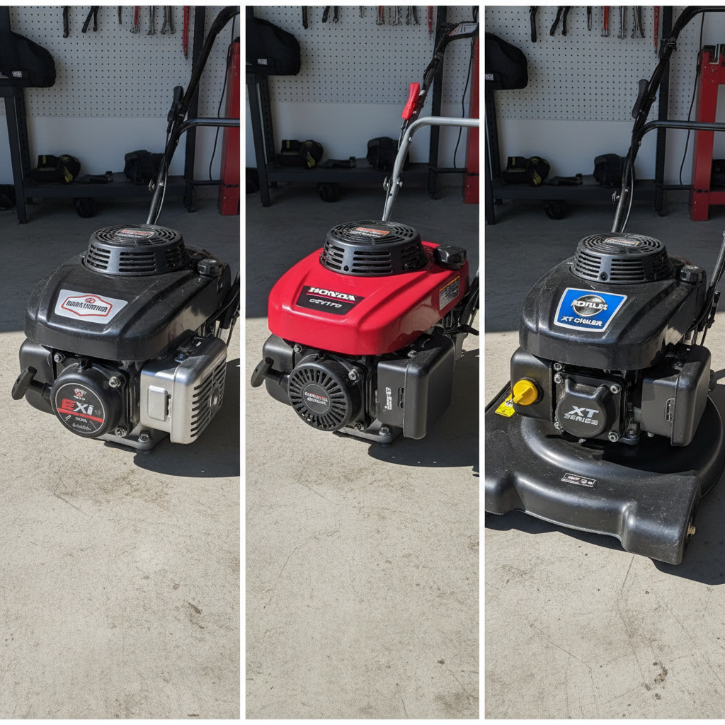 Three different lawn mower engine types from Briggs & Stratton, Kohler, and Honda
